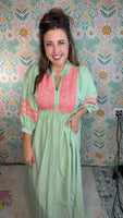 Sage & Coral Embroidered Maxi Dress