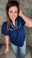 Skyline Charm Puff Sleeve Blouse - Navy Blue