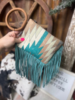 Dusty Turquoise Fringe Aztec Clutch