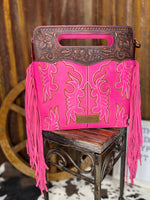Hot Pink Boot Stitch Fringe Clutch