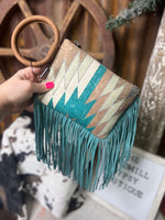 Dusty Turquoise Fringe Aztec Clutch