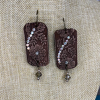 Flower Handmade Tooled Dark Leather Earrings