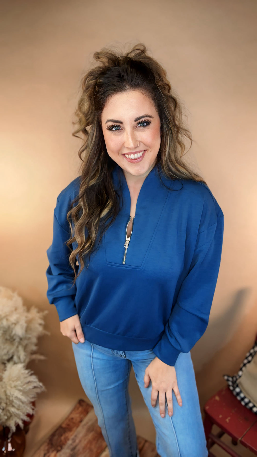 The Long Sleeve Sutton Scuba Top - Dusty Blue