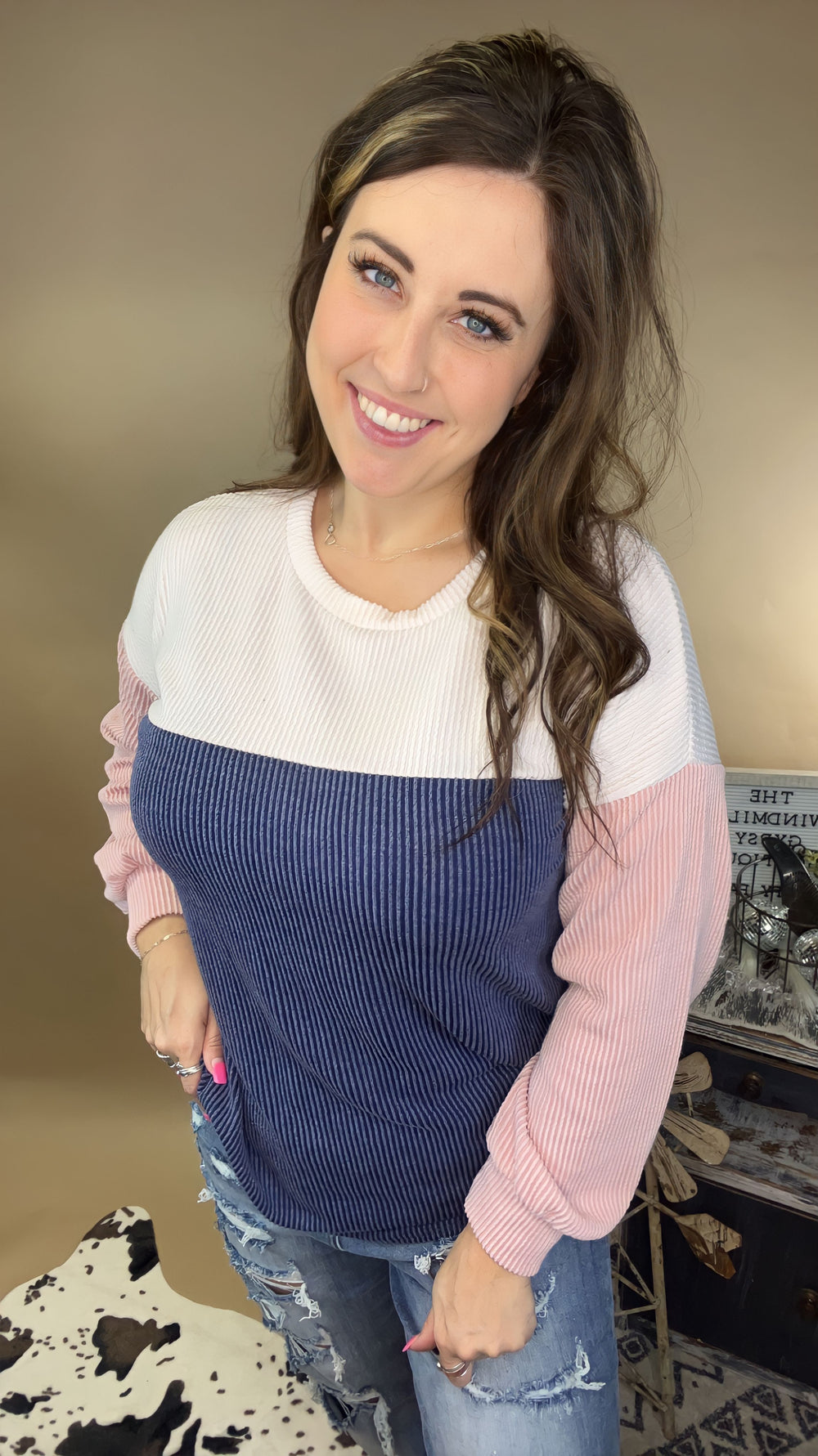 Time To Love Sweater Top- Navy/Peach