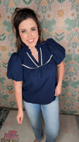 Skyline Charm Puff Sleeve Blouse - Navy Blue
