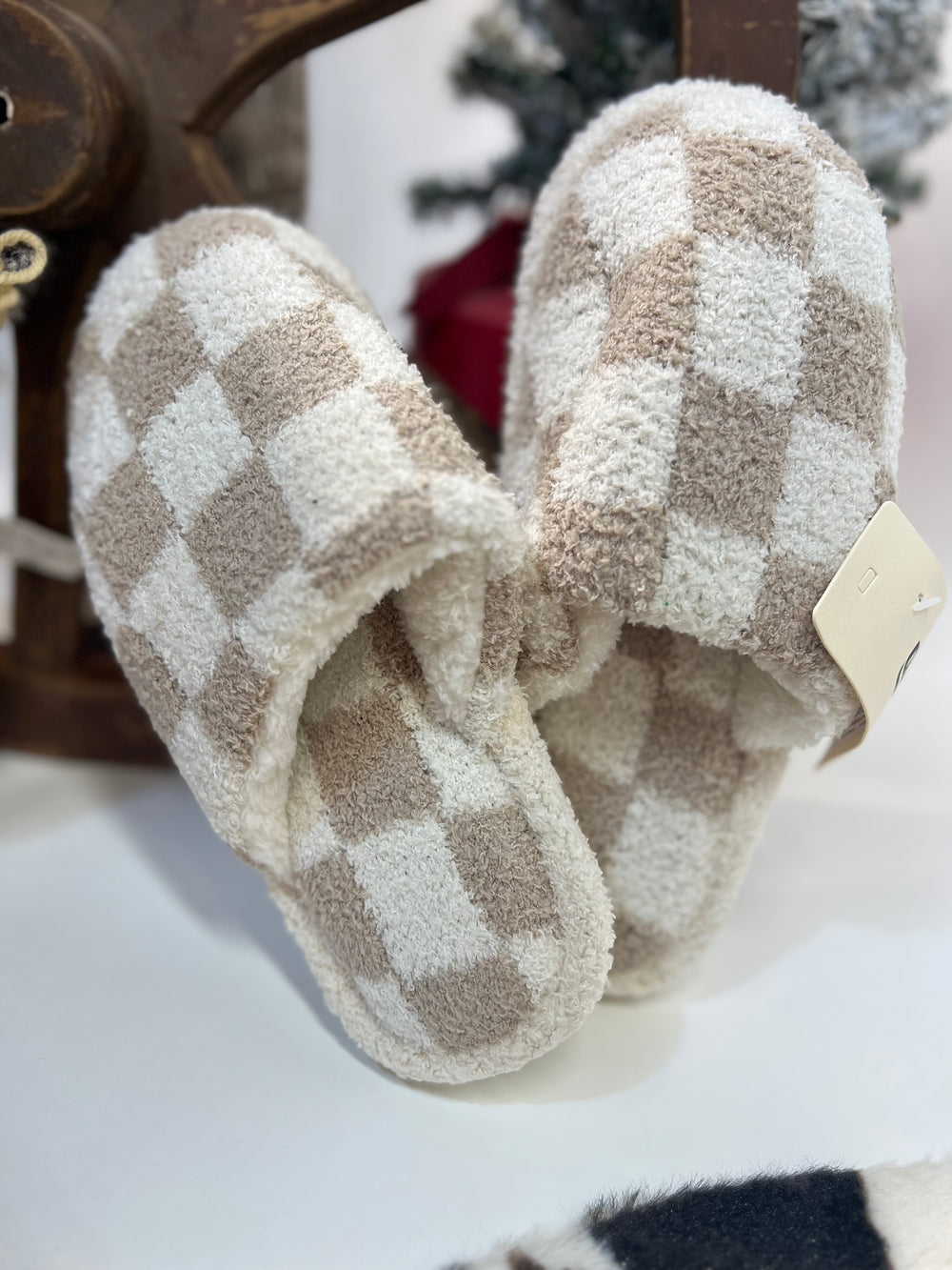 Checkered House Shoes - Beige and White