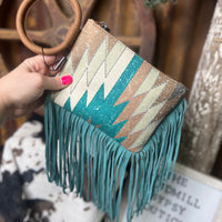 Dusty Turquoise Fringe Aztec Clutch