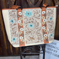 Wildflower Tooled Tote" – Cream & Tan