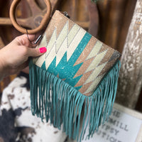 Dusty Turquoise Fringe Aztec Clutch