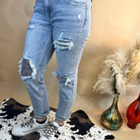 The Penelope Mid Rise Sequins Patched Pants