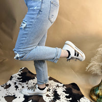 The Penelope Mid Rise Sequins Patched Pants