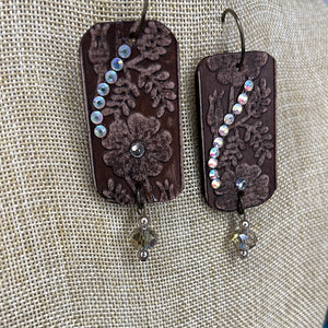 Flower Handmade Tooled Dark Leather Earrings