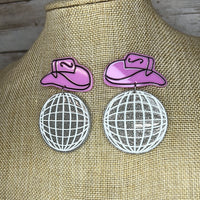 Disco Ball Dangle W Pink Hat Earrings
