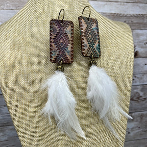 Handmade Tooled Leather Earrings With Feather