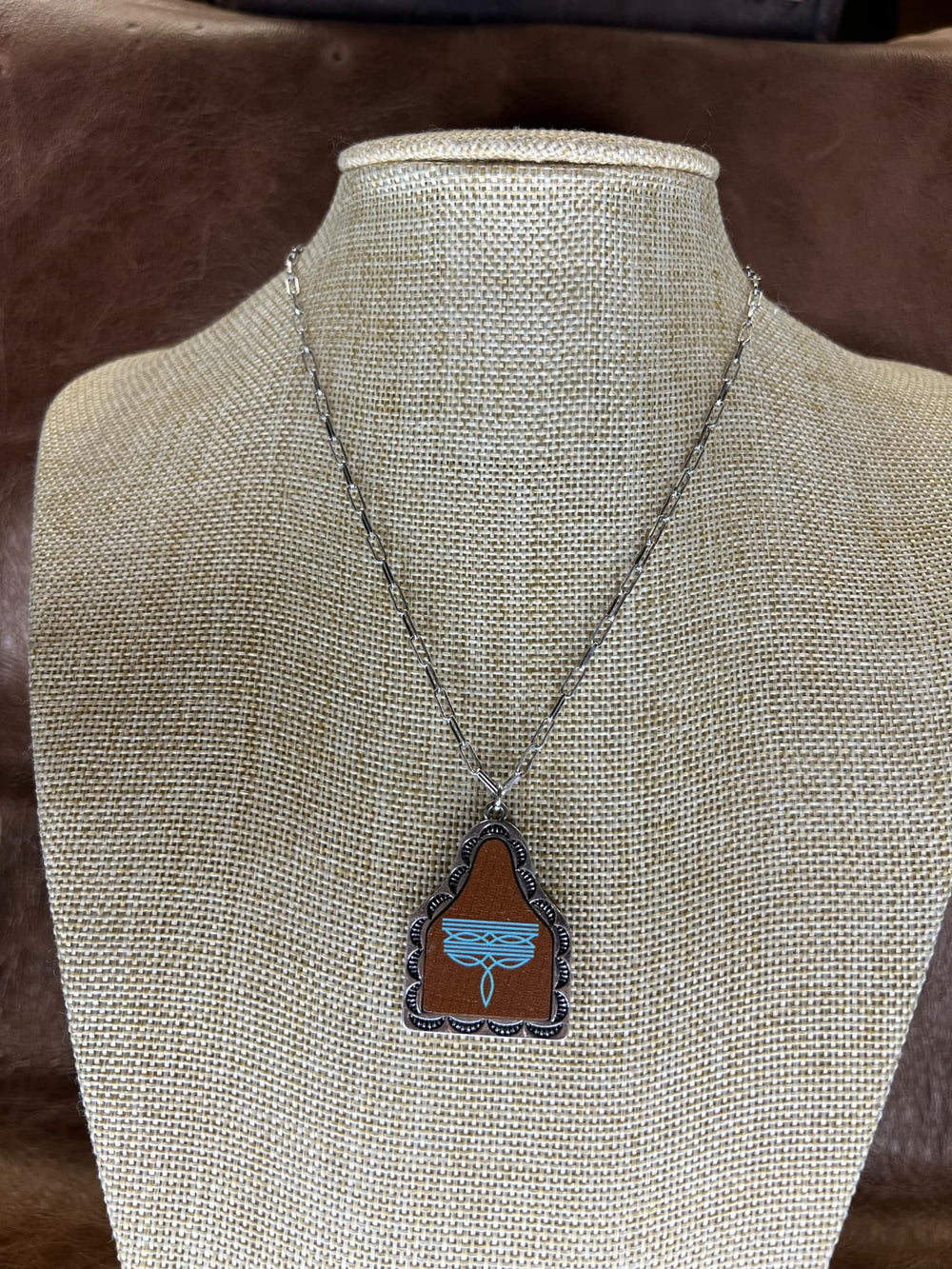 Boot Stitch Leather Tag Necklace - brown