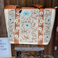 Wildflower Tooled Tote" – Cream & Tan