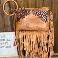 Saddle Scroll Leather Wristlet