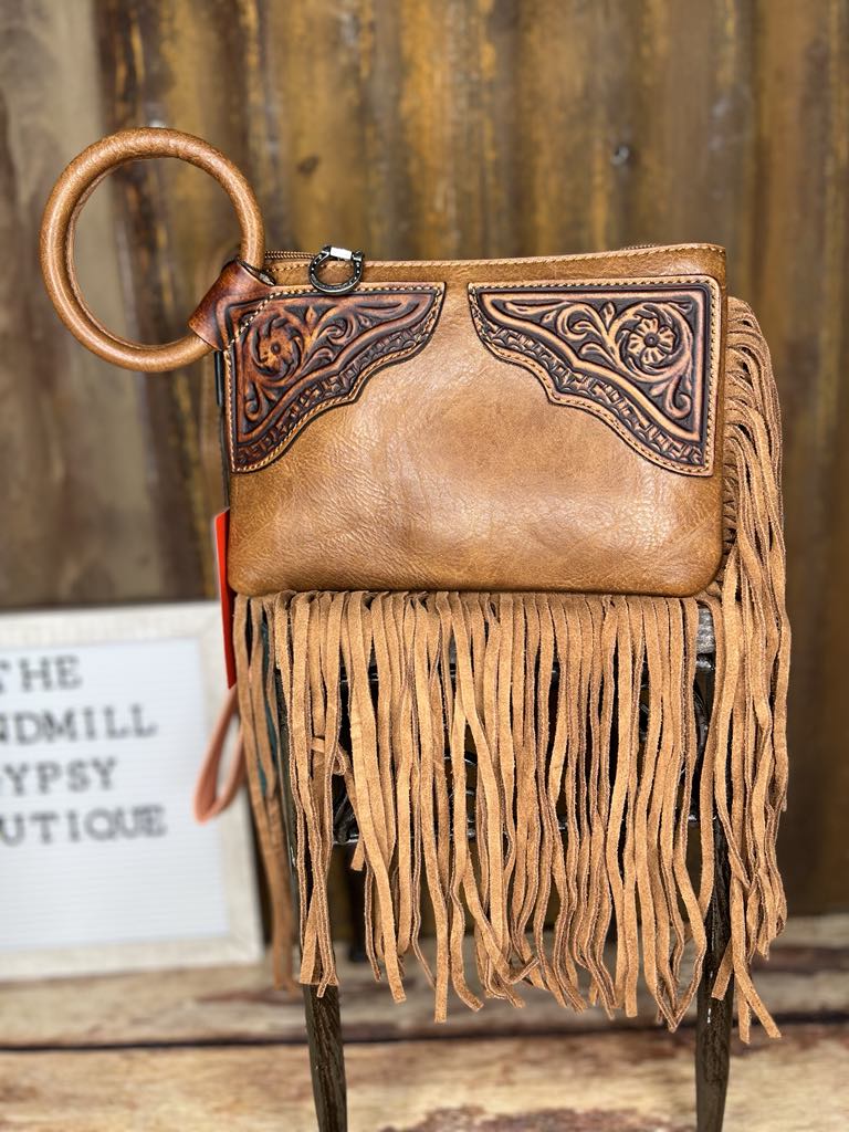 Saddle Scroll Leather Wristlet