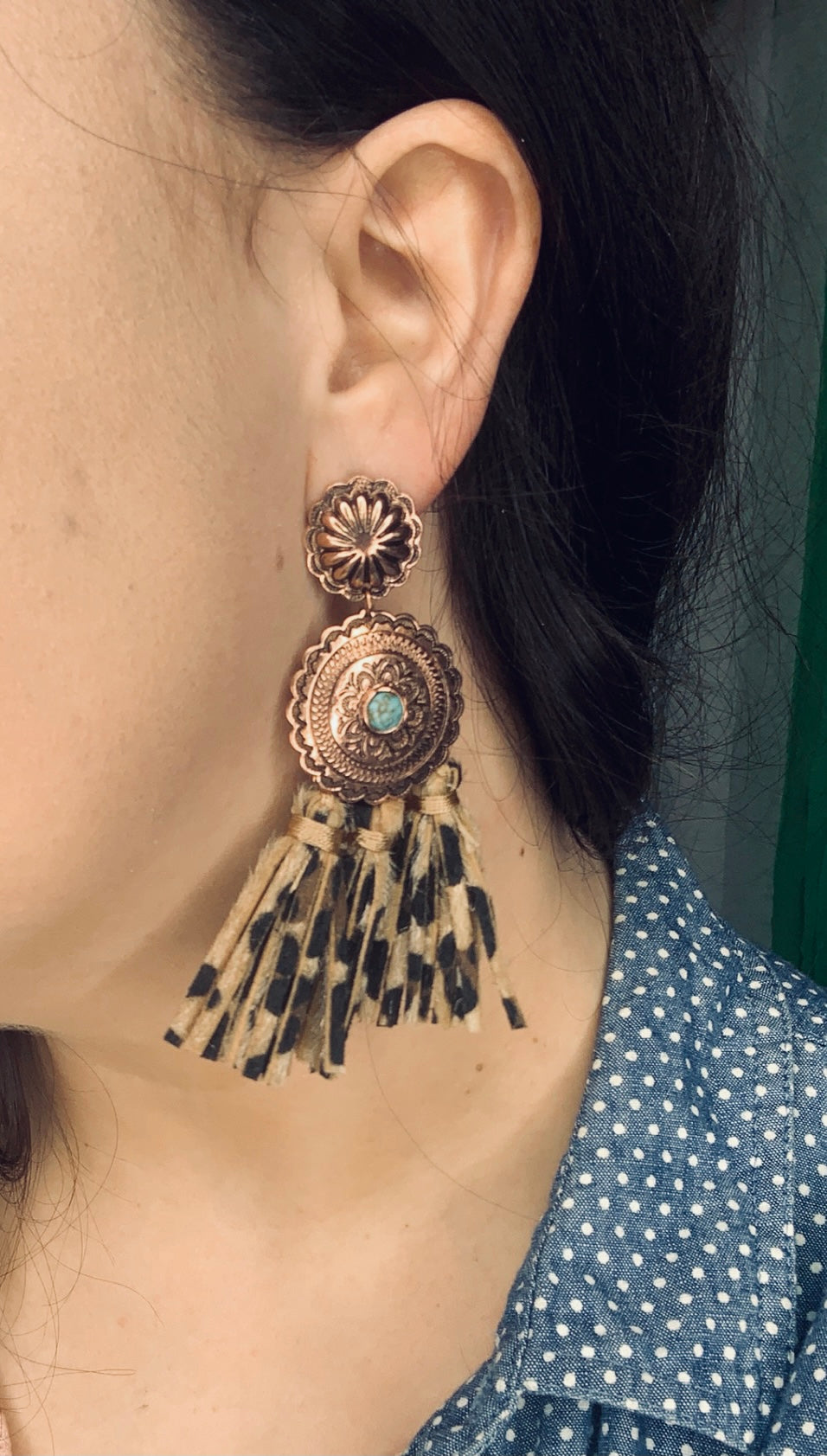 Turquoise Concho with Leopard Tassel Earring