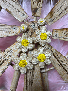Ivory & Yellow Beaded Double Flower Dangle Earrings