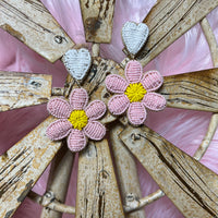 Single Pink Beaded Flower Earrings