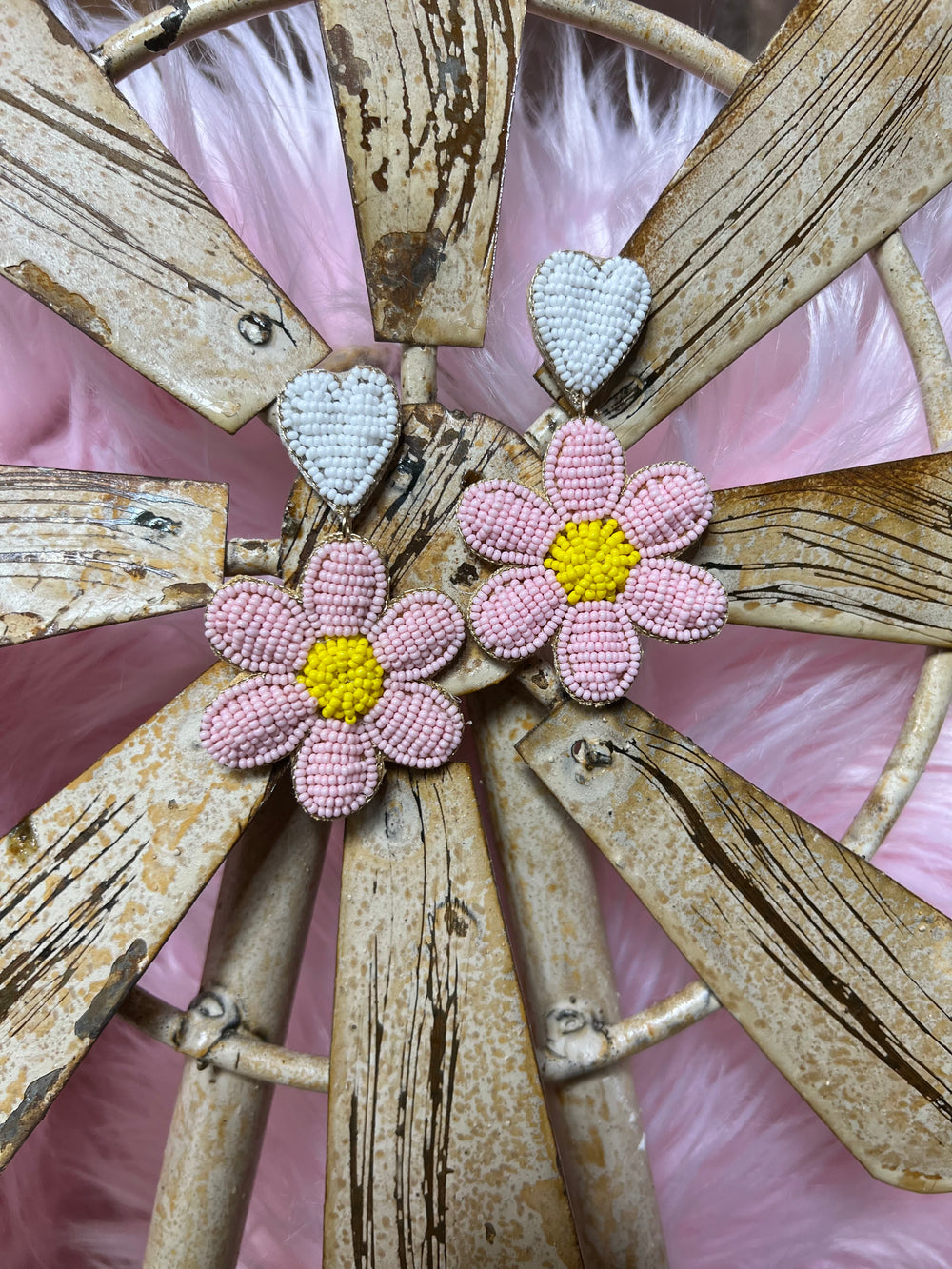 Single Pink Beaded Flower Earrings